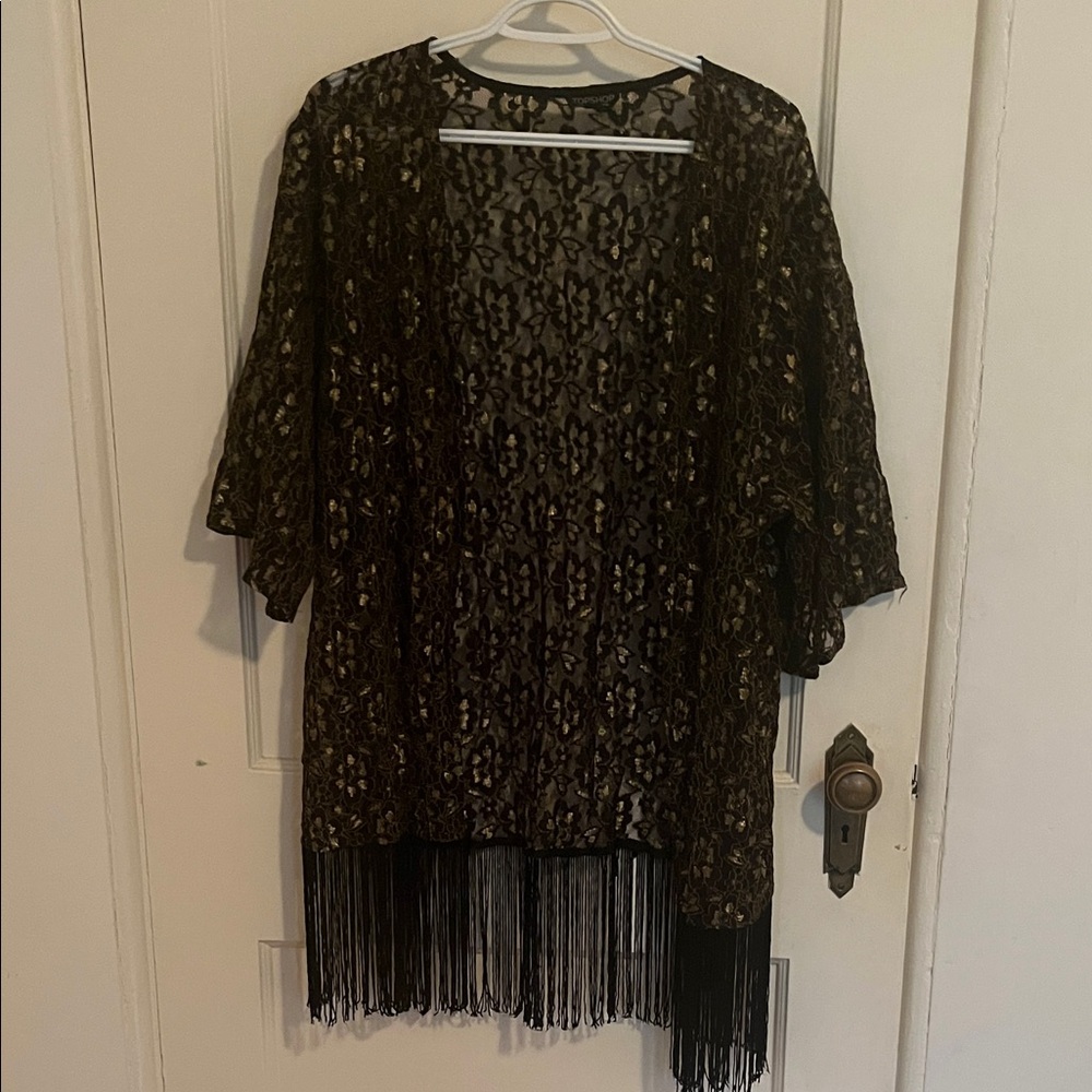 Topshop Black Lace Kimono with Fringe